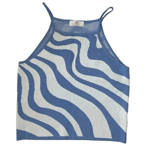 Sunland 17 Blue / White Patterned Soft Knit Cropped Tank Size L Y2K